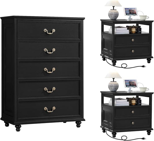 24" Wide Farmhouse Nightstand with Charging Station Set of 2, 45" Tall Rustic Chests of 5 Drawers w/ 4 Solid Wood Feet, Farmhouse Furniture Series for Living Room,Bedroom,Black