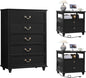 24" Wide Farmhouse Nightstand with Charging Station Set of 2, 45" Tall Rustic Chests of 5 Drawers w/ 4 Solid Wood Feet, Farmhouse Furniture Series for Living Room,Bedroom,Black