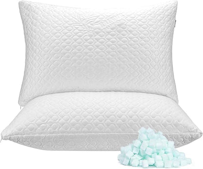 Memory Foam Pillows Queen Size Set of 2 - Adjustable Bed Pillows for Side Back Stomach Sleepers - with Washable Cooling Pillowcase