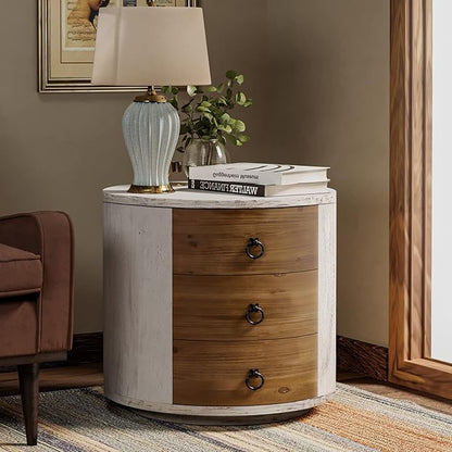 COSIEST Bedside Table Set of 2, Wood Nightstand 3 Drawers, Farmhouse Round End Table with 3 Drawers, Dresser with Drawers for Bedroom, Living Room