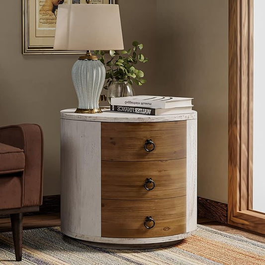 COSIEST 3 Drawer Chest of Drawers, 20 inch MDF Round Storage Cabinet, Retro Whitewash Finish Nightstand, Wood Bedside Table with Drawers for Bedroom Living Room