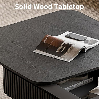 LKTART Coffee Table for Living Room, Accent Fluted Square Coffee Table with Hidden Storage, Modern Solid Wood Veneered Circle Center Tea Table for Small Space Apartment (31.5''D×14''H-Black)