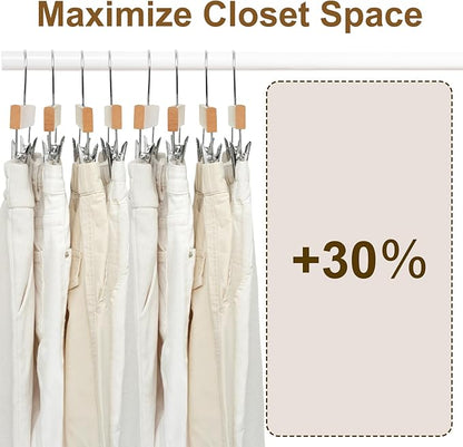 BAGAIL 20 Pack Wooden Pants Hangers with Adjustable Clips, 360°Swivel Hook Space Saving Skirt Holders with Anti-Rust Clips for Trousers, Jeans, Shorts (Natural)
