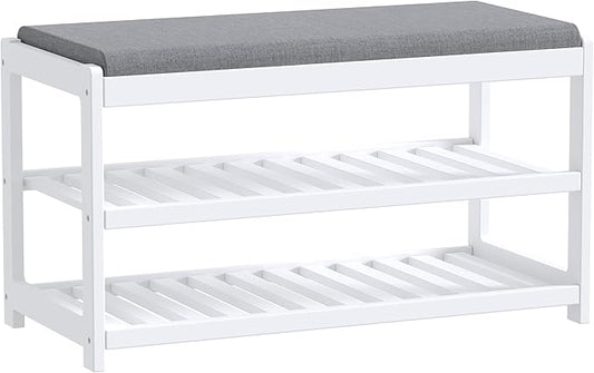 Shoe Bench Entryway, 100% Solid Solid Wood Shoe Rack Bench with Storage and Cushion Padded Seat, 3-Tier Shoe Organizer for Hallway Living Room, Mudrooms, White