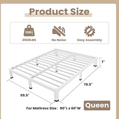ROIL 7 Inch White Queen Bed Frame with Rounded Corner and Mattress Retainers, 3500LBS Heavy Duty Steel Slats No Box Spring Needed Platform Noise-Free Easy Assembly