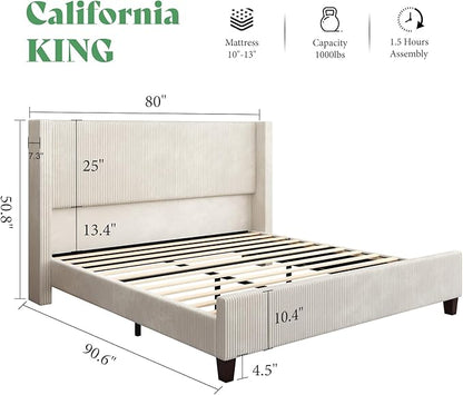 AMERLIFE California King Size Upholstered Bed Frame with 50.8" Tall Headboard, Wingback Platform Bed with Solid Wood Legs, Wooden Slats, Corduroy/No Box Spring Needed/Noise Free/Cream