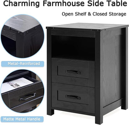 Black Rustic Night Stand, Farmhouse End Table, Modern Bedside Table with 2 Storage Drawers and Open Shelf, Tall Nightstand for Bedroom