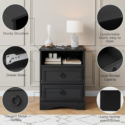 Set of 2 Large Night Stand with Drawers, 17.7" W Nightstand with 2 Drawers, Accent Bed Side Table and End Table with Large Open Storage for Bedroom, Living Room,Black
