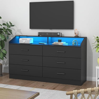 6 Drawer Dresser with Power Outlet, Chest of Drawers with LED Light, Modern Dresser with Open Storage Cubby, Double Wide Dressers Organizer for Bedroom, Living Room, Entryway, Hallway
