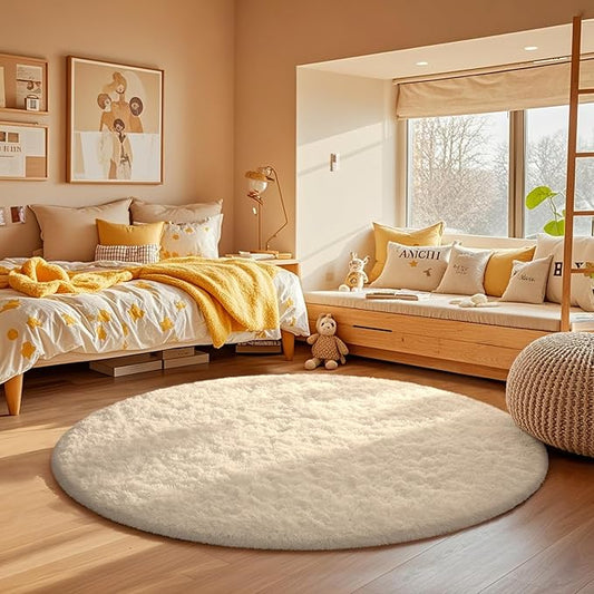 Ophanie Round Rug 4Ft Ivory Circle Area Rugs, Fluffy Fuzzy Small Bedroom Carpet 4 foot, Plush Shag Floor Cream Living Room Christmas Circular Aesthetic Decor for Kids Teen Boys Baby, Nursery,Classroom