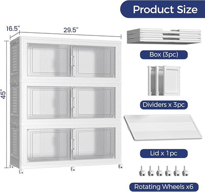 120GAL Extra Large Storage Bins with Lid, 480Qt Stackable Closet Organizers and Drawers, Collapsible Storage Bins with Wheels, Folding Containers for Home, Kitchen Office, 3Pack White