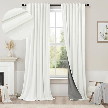 120 Inches Extra Long Curtains for Living Room 2 Panels Faux Linen Darkening Insulated Thermal 100% Blackout Drapery Ceiling Curtain for Large Big Window Treatments Ideas Drapes Off White Ivory 52x120