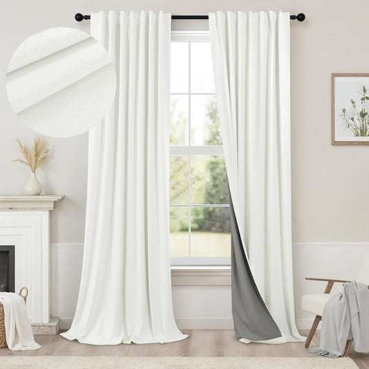 Ivory Blackout Curtains 90 Inches Long 2 Panel Light Blocking Patio Drape for Sliding Glass Doors Rustic Country Curtain for Nursery Bedroom Thick Linen Cotton Textured Off White Back Tab Pocket 52x90