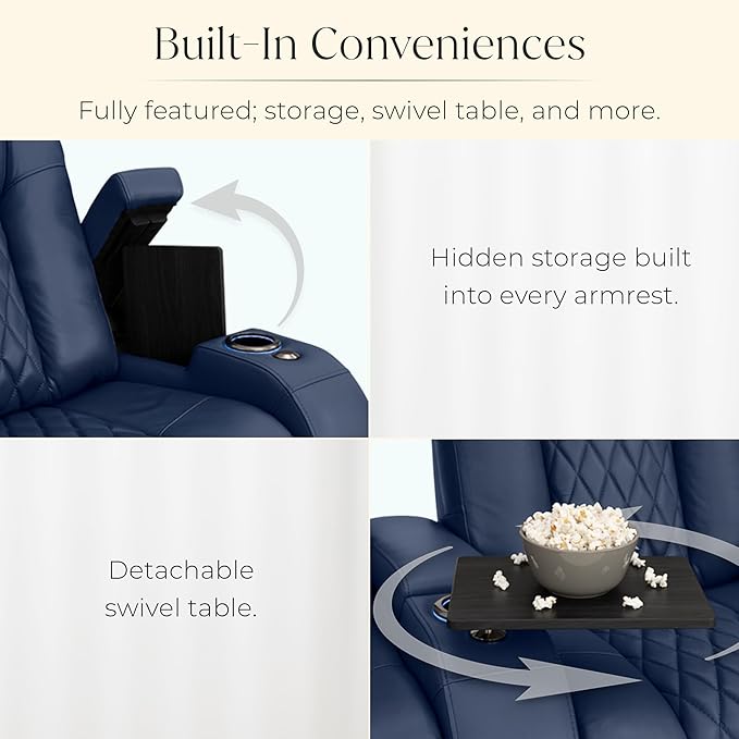 Seatcraft Diamante Zero-Gravity CoolZero Italian Leather Home Theater Seating, Power Headrest, Power Recline, Row of 4 Right Loveseat, Navy Blue