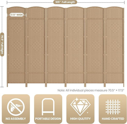 6 Panel Room Divider,6Ft Folding Privacy Screen,Tall - Extra Wide Foldable Panel Partition Wall Divider with Diamond Double-Weaved Hand-Woven Design Room Screen Divider