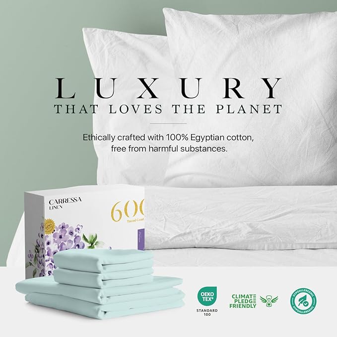 Carressa Linen 100% Egyptian Cotton Full Size Sheets - 600 Thread Count Full Size Egyptian Cotton Sheets (4 PC, Seafoam Green), Soft, Cooling, 16" Deep Pocket Sateen Weave Luxury Hotel Bed Sheet Set