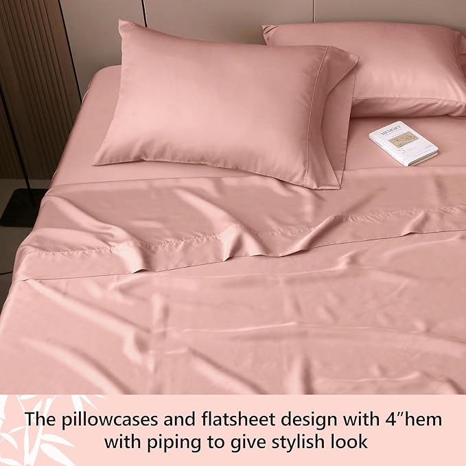 Queen Sheets, Rayon Derived from Bamboo, Cooling Bed Sheets Set,Deep Pocket Up to 16", 4 Pieces Silky Soft, Breathable Bedding Sheets & Pillowcases(Pink,Queen)