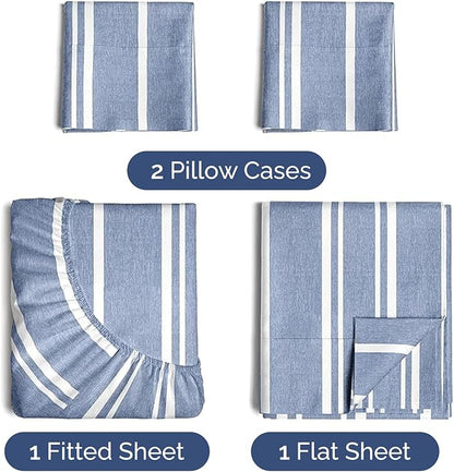 Twin XL 4 Piece Sheet Set - Cooling, Comfy & Breathable - Hotel Luxury Bedding Includes Fitted Sheet for Women, Men, Kids & Teens - 1 Flat, 1 Fitted Sheet, 2 Pillowcases w/Deep Pockets - Blue Stripes