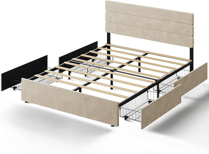 WLIVE Queen Size Upholstered Bed Frame with 4 Storage Drawers and Headboard, Velvet Platform Bedframe, Sturdy Metal & Wooden Slats Support, No Box Spring Needed, Easy Assembly, Beige
