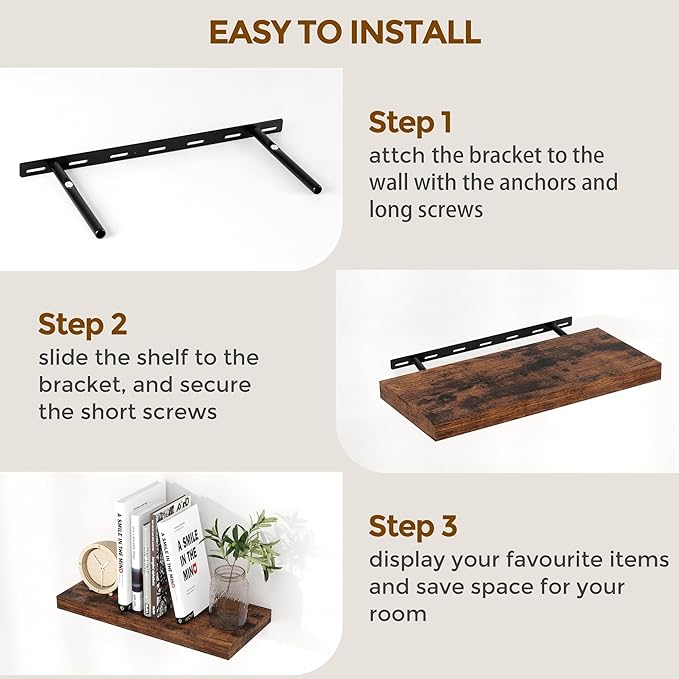 Fun Memories 72 Inch Floating Shelves for Wall, 72x9.3 Large Floating Shelf for Bedroom, Kitchen, Bathroom, Wall Mounted Rustic Wood Shelves with Invisible Bracket for Books, Decor, Rustic Brown