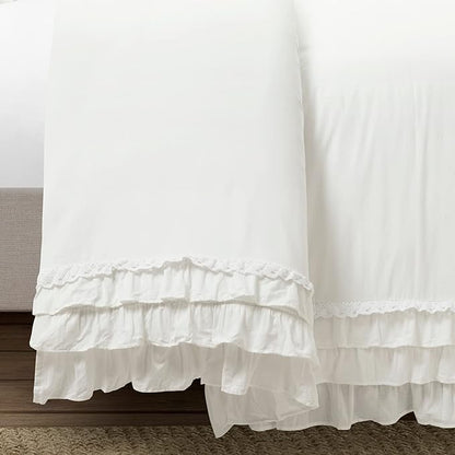 Lush Decor Ella Ruffle Lace 100% Cotton Duvet Cover, 3 Piece Set, Full/Queen, White - Cute Comforter - Queen Bedding Set - White Bedding Full Size - Coquette Decor - Neutral Lace Trim - Ruffle Trim
