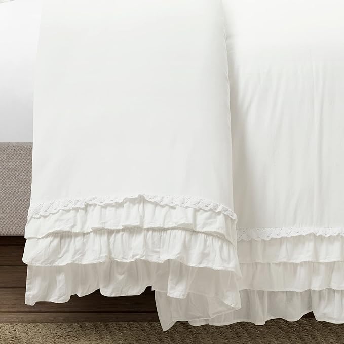 Lush Decor Ella Ruffle Lace 100% Cotton Duvet Cover, 3 Piece Set, King, White - Cute Duvet - King Bedding Set - Gray Bedding - Coquette Decor - Ruffle Trim - White Lace Trim