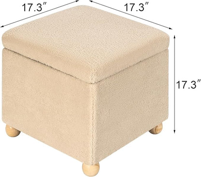 Adeco 17 Inch Soft Oatmeal Cube Ottoman Storage, Teddy Velvet Chair Foot Stools, Upholstered Vanity Stool with Hinged Lid, Solid Round Wood Legs