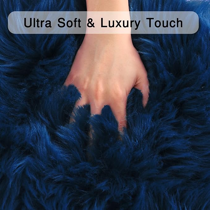 duduta Navy Blue Faux Sheepskin Round Rug 4x4 ft, Fluffy Shag Fur Bedroom Nursery Kids Playroom Rug Dorm Decor Non Slip Washable