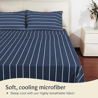 LuxClub 4 PC Full Sheet Set, Deep Pockets Wrinkle Free Cooling Bed Sheets Hotel Bedding for Women, Men, Includes 1 Fitted Sheet, 1 Flat Sheet and 2 Pillowcases-Striped - Navy