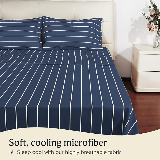 LuxClub 4 PC Queen Sheet Set, Deep Pockets Wrinkle Free Cooling Bed Sheets Hotel Bedding for Women, Men, Includes 1 Fitted Sheet, 1 Flat Sheet and 2 Pillowcases-Striped - Navy