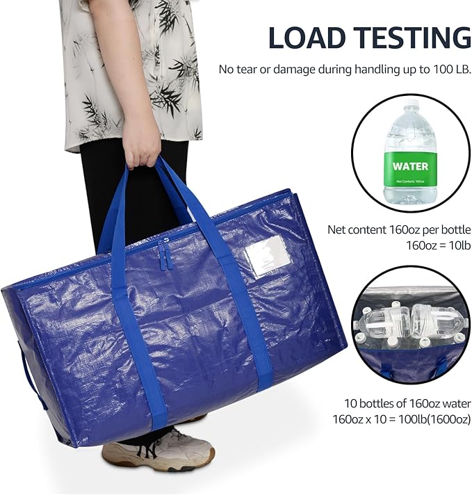 Moving Bags Heavy Duty Extra Large, Moving Boxes, Moving Supplies Essentials, Blue Storage Bins with Lids, Plastic Packing Totes, Storage Bags for Clothes with Handles & Zippers(Blue, 6 Pack)