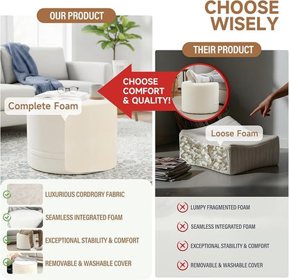 Tiita Round Stuffed Pouf Ottoman, Plush Poufs with Foam Chunk Filling, Foot Rest Stool for Living Room, Cream