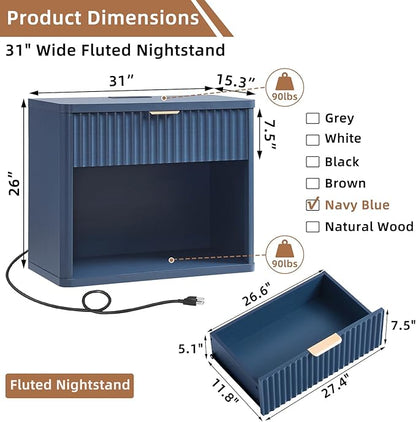 LEYAOYAO 31" Wide Fluted Nightstand with Charging Station, Oversized Extra Large 1 Drawer Night Stand with Golden Handle, Blue Wood Bedside Table Tall End Tables,for Bedroom, Living Room, Hallway