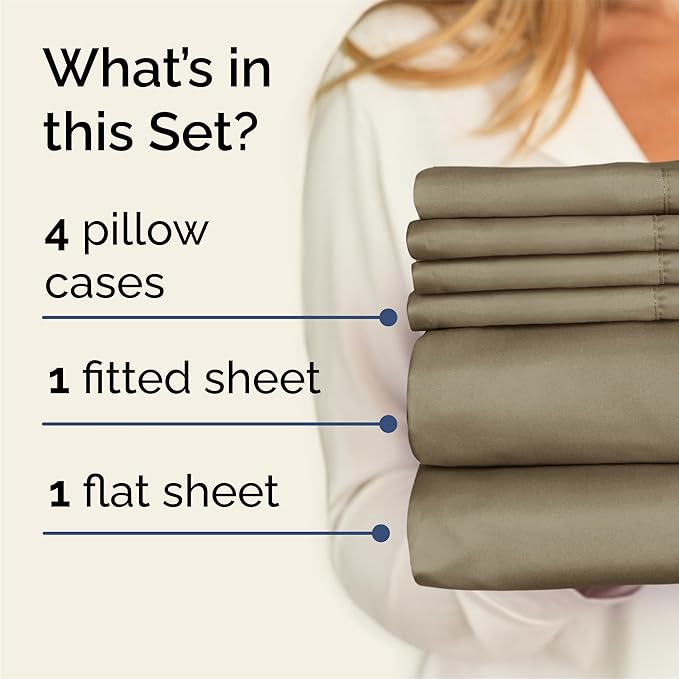 Queen 6 Piece Sheet Set - Cooling, Comfy & Breathable - Hotel Luxury Bedding, Includes Fitted Sheet for Women, Men, Kids and Teens - 1 Flat, 1 Fitted Sheet, 4 Pillowcases with Deep Pockets - Khaki