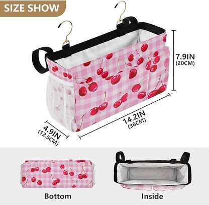 Bedside Caddy Hanging Bunk Bed Caddy Bed Organizer Hanging Pocket with 2 Hooks Bedside Storage Organizer Pocket Bag Holder Pink Juicy Checkered Cherry