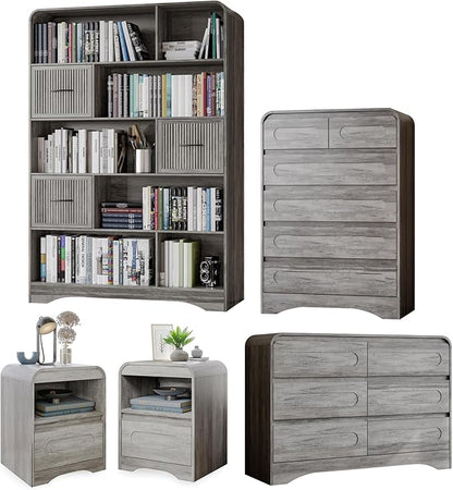 5 Piece Bedroom Sets, Modern Dresser and Nightstand Sets & Bookshelf with Safe Curved Design, Including Tall Bookshelf High & Wide 6 Drawer Dressers and Night Stand Set of 2 for Bedroom, Grey
