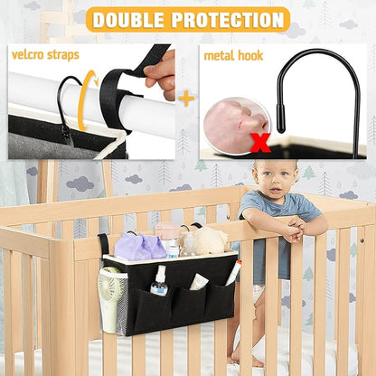 Lilithye Bedside Caddy Bedside Organizer Bedside Storage Caddy with Fixed Straps and Water Bottle Holder for Home College Dorm Bunk Bed Hospital Bed Crib Bed Rails (Black)