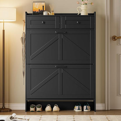 Shoe Storage Cabinet for Entryway, Farmhouse Narrow Shoe Cabinet with 2 Flip Drawers & Top Drawers, Adjustable Shelves & Hooks, Freestanding Hidden Rack Organizer for Hallway, Foyer