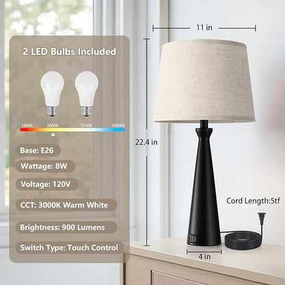Seealle Modern Table Lamps Set of 2 - Touch Bedside Lamp for Nightstand with Dual USB C+A,3-Way Dimmable Black Nightstand Lamps for Living Room Bedroom End Table with Beige Shade(Bulb Included)