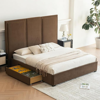 YUHUASHI King Size Bed Frame with 64-inch High Headboard, Simple and Airy Linen Upholstered Platform Bed with Storage Drawers, Wood Slat, No Noise (Brown, King)