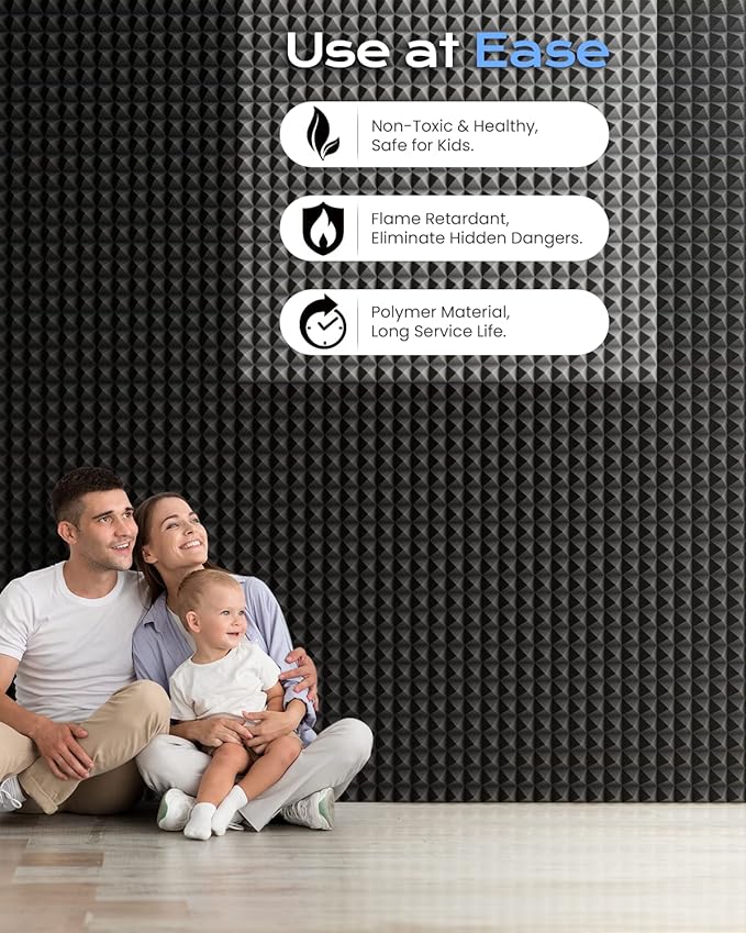 Sonicism Sound Proof Foam Panels for walls Self-Adhesive 30 Pack Pyramid 12" X 12" X 2" Acoustic Panels 35kg/m³High Density,Soundproof Wall Panels Fast Expand,Sound Absorption and Decoration,Black