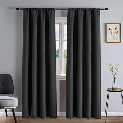 Blackout Curtains 90 Inches Long 2 Panels Set, Dark Grey Curtains Thermal Insulated Room Darkening Drapes for Bedroom, Rod Pocket Light Blocking Drapes Living Room(52W × 90L, Dark Grey)