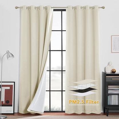 RYB HOME 4-in-1 Dust Filtering Soundproof Blackout Insulating Privacy Window Curtains for Nursery Bedroom Living Room Rivider Sound Absorption Sheet, Beige, W52 x L90 inch, 2 Panels