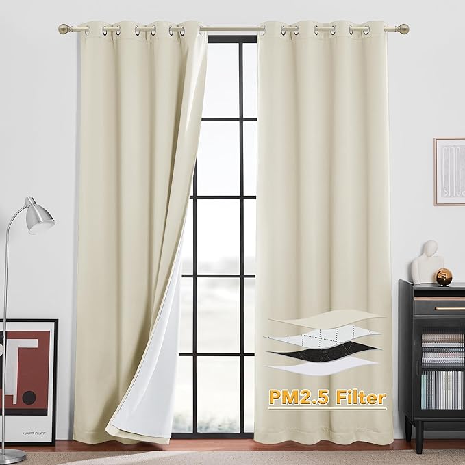 RYB HOME 4-in-1 Dust Filtering Soundproof Blackout Insulating Privacy Window Curtains for Nursery Bedroom Living Room Rivider Sound Absorption Sheet, Beige, W52 x L84 inch, 2 Panels