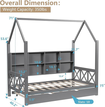 Twin House Bed with Trundle Bed and Roof for Kids, Wooden Twin Size Bed Frame with Storage Shelves Guardrails Wood Slats, Headboard for Boys Girls, No Box Spring Required, Gray