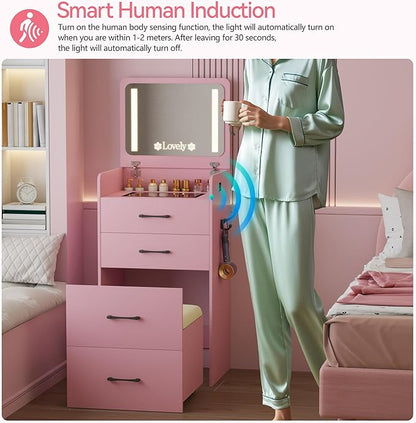HNEBC 3 in 1 Vanity Desk with Plip Top LED Mirror,Small Dressing Table Set with Visible Glass Desktop,Compact Vanity with 3 Drawers,Storage Compartment and Padded Stool,for Bedroom(Pink)