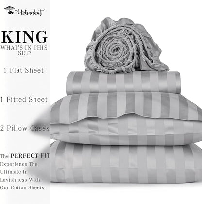 URBANHUT 800 Thread Count 100% Cotton Damask King Size Sheets, 4 Piece Striped King Size Bedsheets, Luxury Hotel Sheets Sateen Weave - Better Than Egyptian, 16" Elasticized Deep Pocket- Silver Grey
