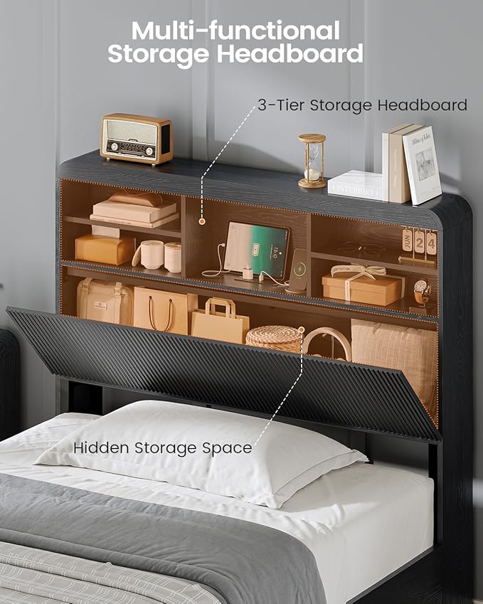 AOGLLATI Full Size Bed Frame with 4 Storage Drawers and Hidden Storage Headboard, Black Led Fluted Bed Frame Full Size with Charging Station and Curved Profile Design,No Box Spring Needed, Black