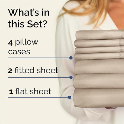 Split King 7 Piece Sheet Set - Cooling & Breathable - Hotel Luxury Bedding - Includes Fitted Sheets for Women, Men, Kids and Teens - 1 Flat, 2 Fitted Sheets, 4 Pillowcases with Deep Pockets - Cream
