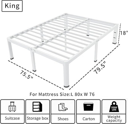 ROIL 18 Inch White King Size Bed Frame with Rounded Corner and Headboard Hole Mattress Retainers 3500LBS Heavy Duty Steel Slats No Box Spring Needed Platform Noise-Free Easy Assembly